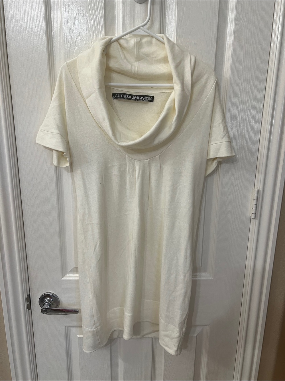 Zara Cream Short-Sleeve Cowl Neck Tunic Dress